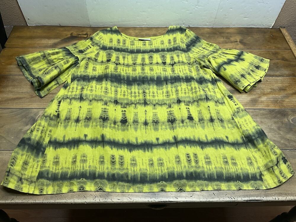 Bryn Walker 100% Linen Tunic Top Size Large Tye Dye Lime Green/Black